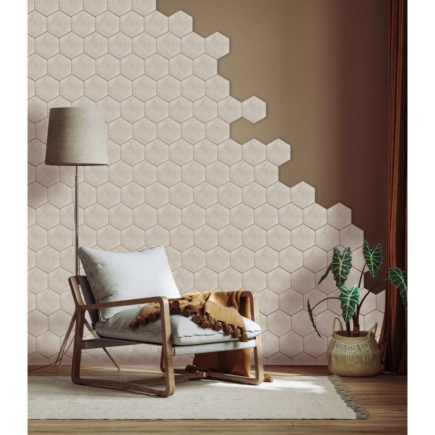 Beispielszene mit weiß-glänzenden Antik Hexagon Wandfliesen aus Steingut im Retro-Look.