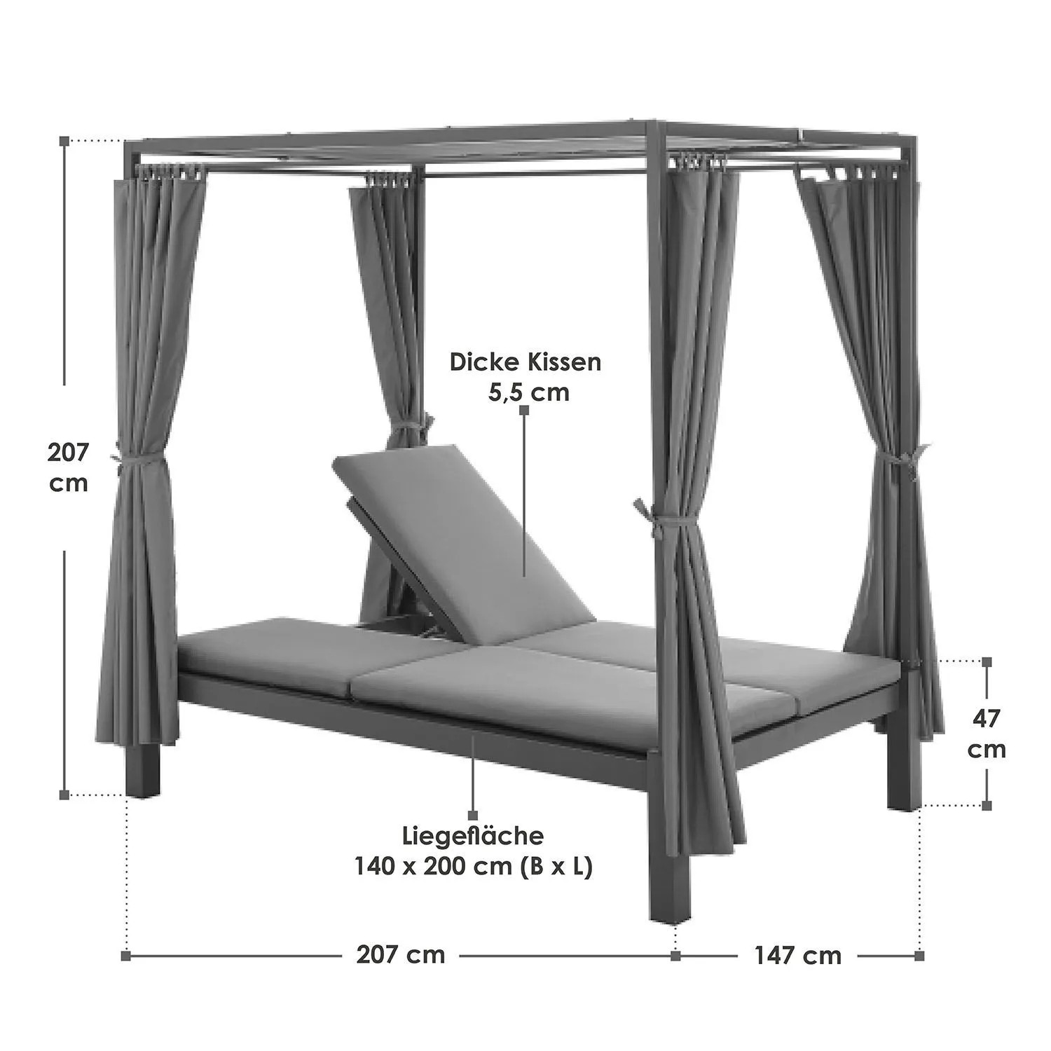 Graues Doppel-Loungebett Kreta mit Dach, Vorhängen und verstellbarer Rückenlehne. Sonnenliege für Garten und Terrasse.