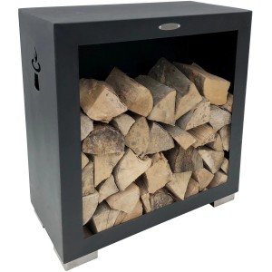 Quadratisches Holzlager aus Stahl, schwarz, gefüllt mit Holzscheiten. Grillutensil für den Garten.