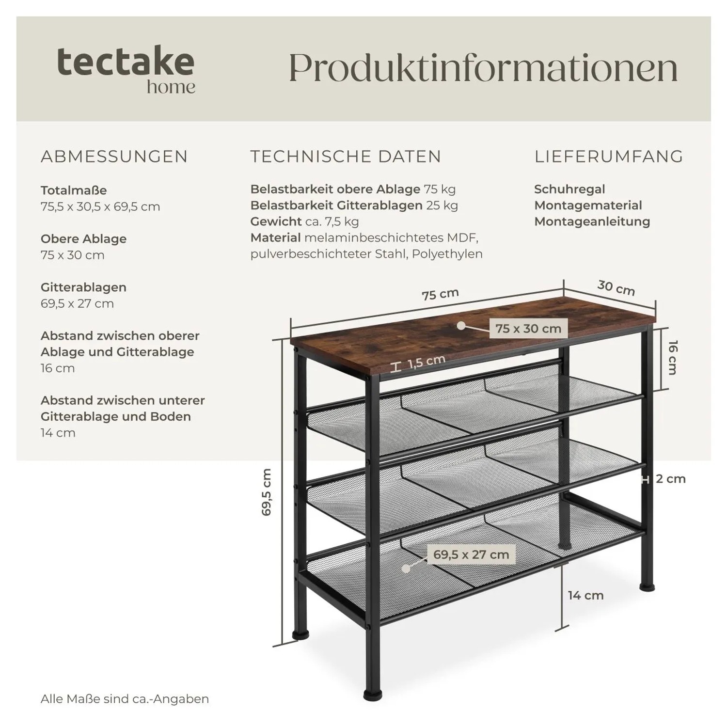 Tectake Schuhregal Wolverhampton Industrial Style Holz und Stahl  75 50 x 30 50 x 69 50 cm Industrial Holz Dunkel  Rustikal_6