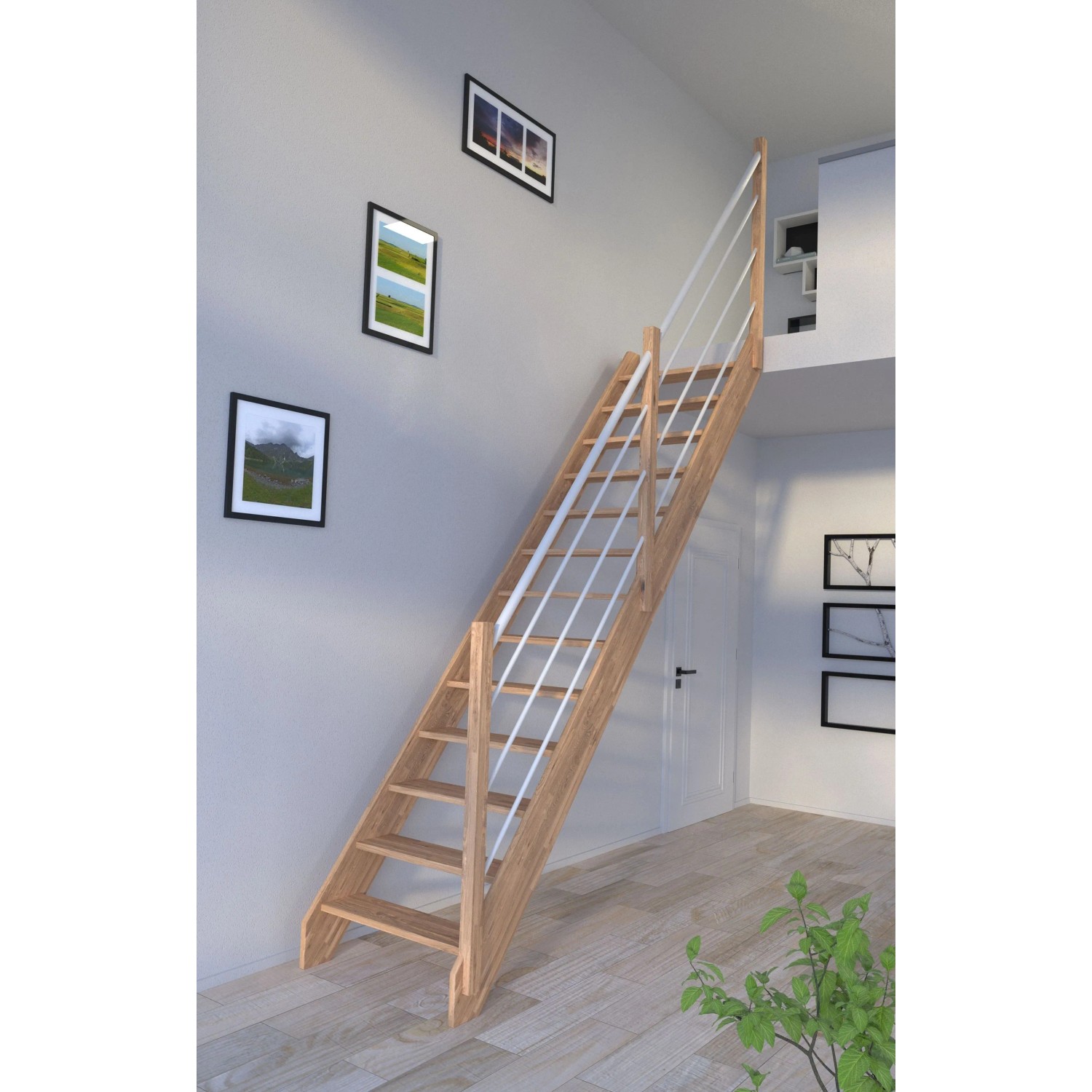 Helle, gerade StarWood Treppe Rhodos aus Eiche mit weißem Holz-Edelstahl-Geländer.