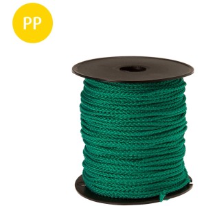 Grüne Conacord Polypropylen Schnur, geflochten, 2 mm Durchmesser, 50 m Länge auf schwarzer Spule.
