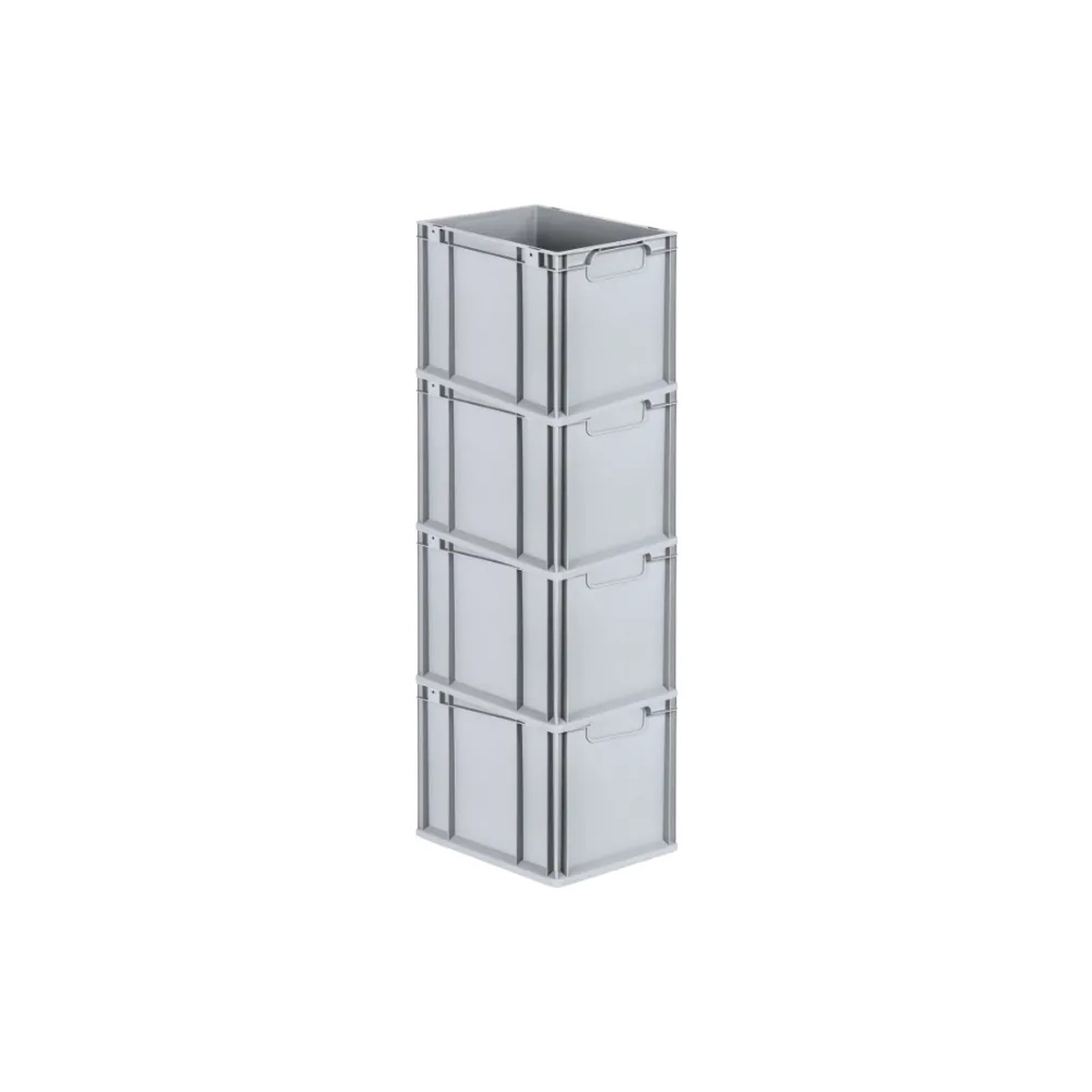 PROREGAL Spar Set: 4 graue Euroboxen (30L) mit Griffen, gestapelt. Aufbewahrungsboxen für Industrie und Gewerbe.