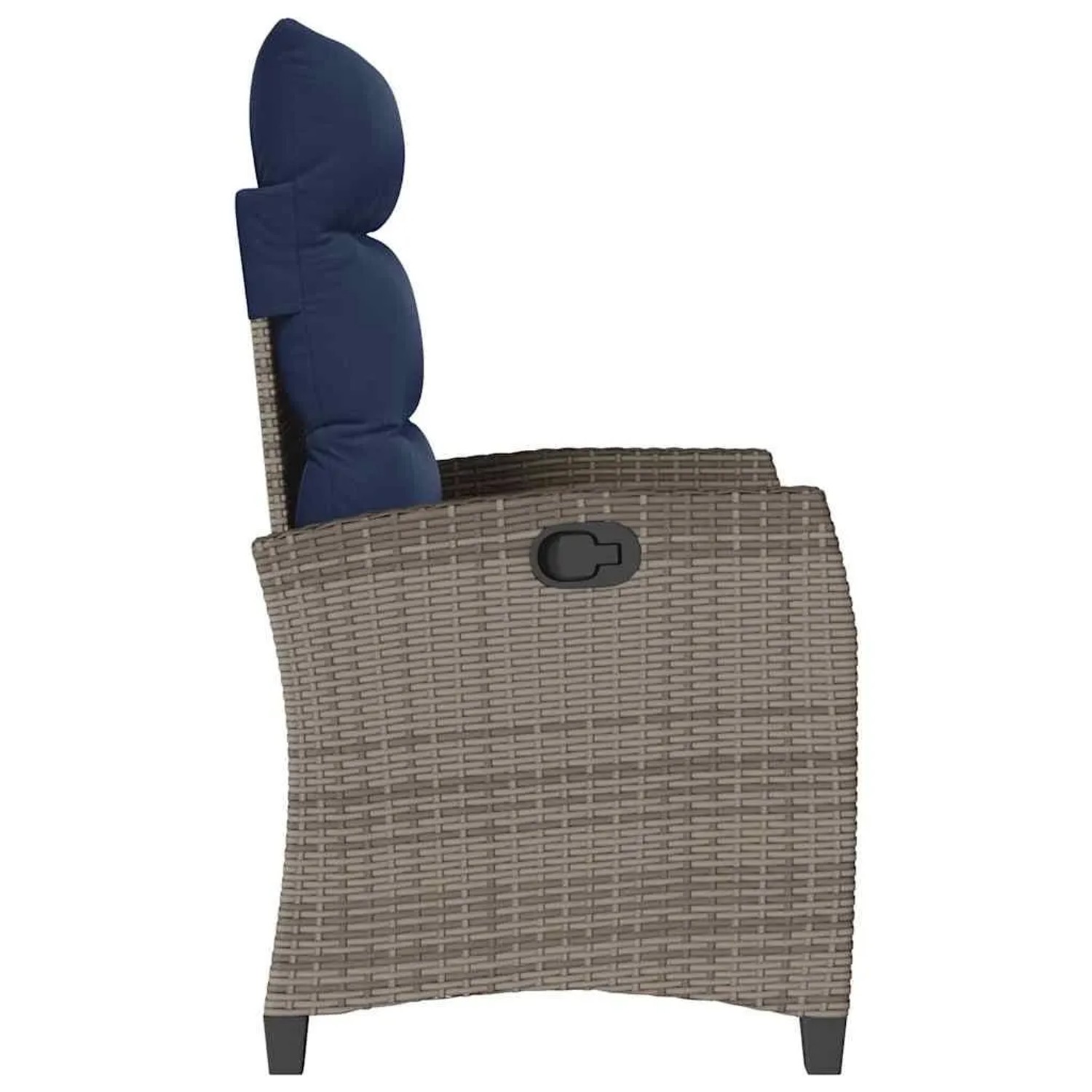 Grauer Poly Rattan Gartensessel mit verstellbarer Rückenlehne, marineblauen Kissen und Griff, Seitenansicht.