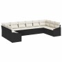 Schwarzes 10-teiliges Garten-Sofa-Set aus Poly Rattan von vidaXL mit hellen Kissen.