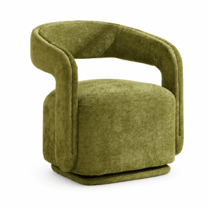 Grüner Chenille Loungesessel, 360 Grad drehbar. Bequemer Drehsessel mit strukturierter Oberfläche für Wohnzimmer, Leseecke.