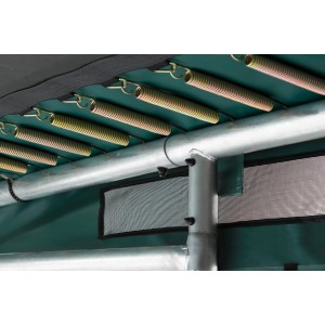 Detailaufnahme: Federn und Rahmen des grünen Salta Premium Ground Trampolins.