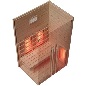 Eilo Infrarotkabine EL 102 aus Fichte, Innenansicht mit Heizstrahler und Sitzbank.