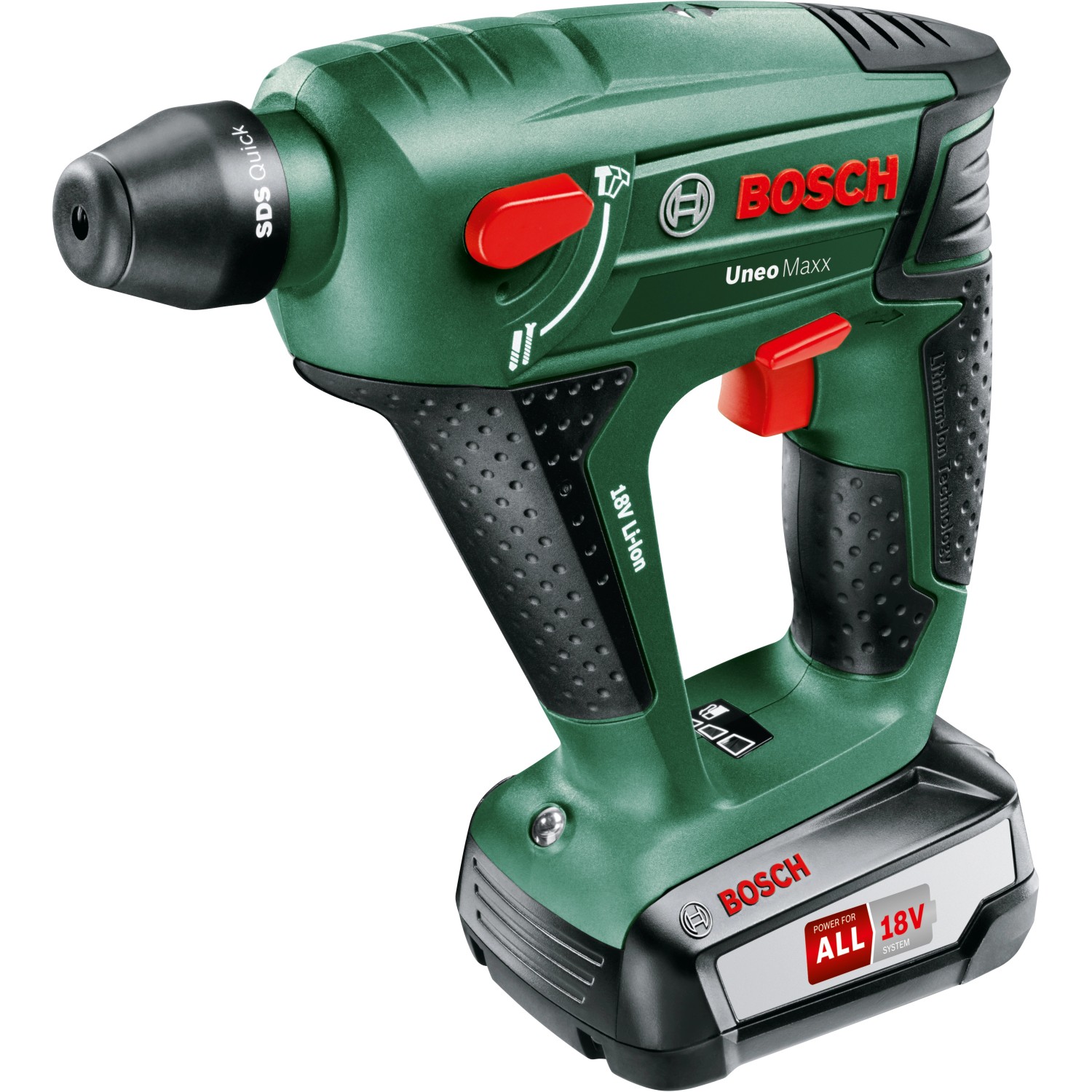 Bosch Uneo Maxx Akku-Bohrhammer 18V mit Akku und Ladegerät. Kompakter grüner Bohrhammer mit SDS-System.