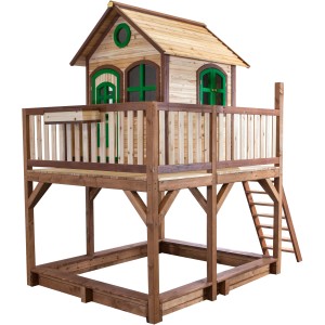 Axi Liam Spielhaus mit Rutsche, braun-grün, 255x377x291 cm. Spielturm mit Sandkasten.
