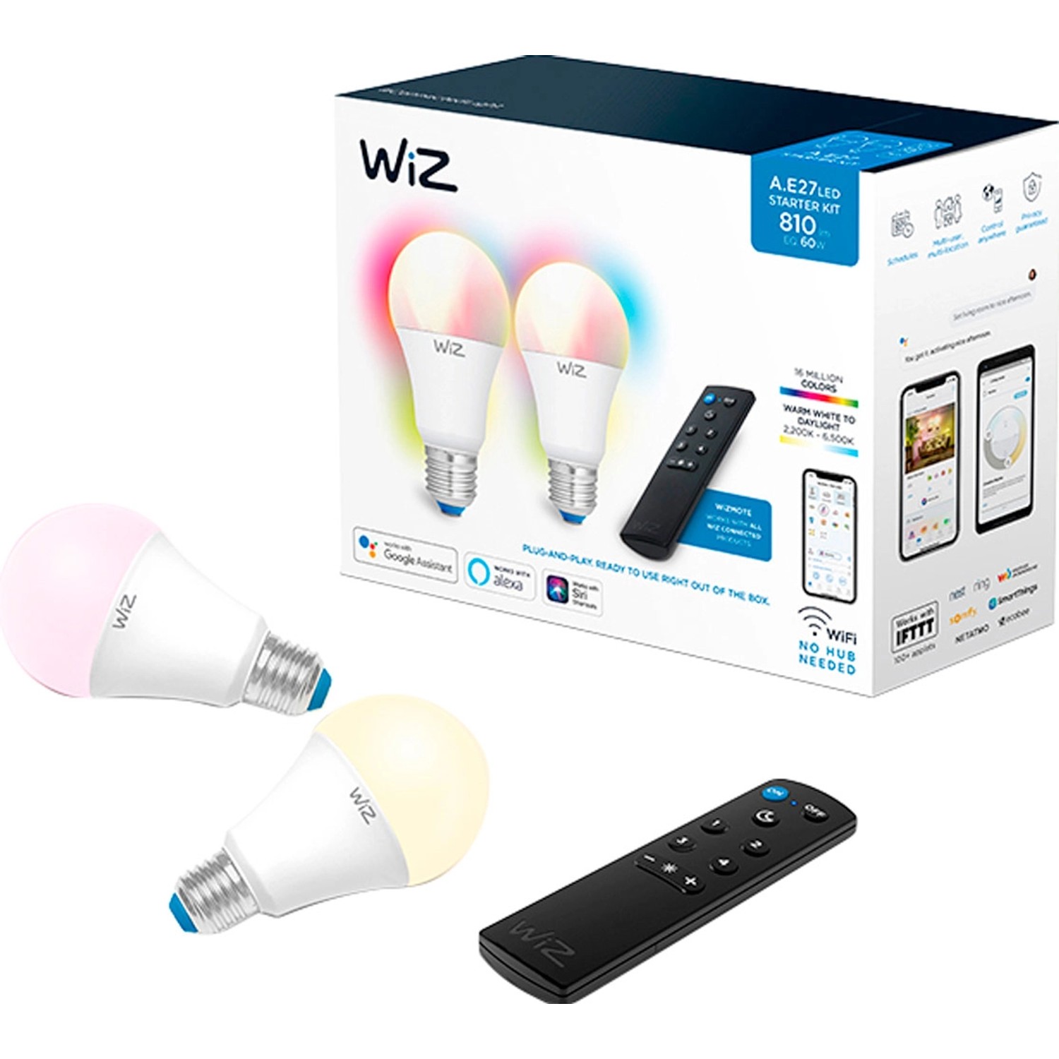 WiZ Smart Starter-Set: 2 E27 LED-Lampen mit Fernbedienung, farbig und weiß steuerbar.