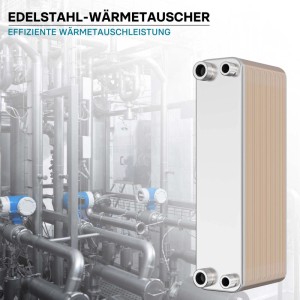 Wiltec Edelstahl Plattenwärmetauscher mit 50 Platten, 210 kW, vor industrieller Kulisse. Effizienter Wärmeüberträger.
