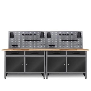 Ondis24 Werkstatt Set Werner 240cm mit Werkbänken, Lochwänden und Haken-Set für Werkzeug.