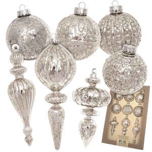 9-tlg. Set Krebs Glas Lauscha Weihnachtskugeln in Silber mit Romantikformen (8-19cm).