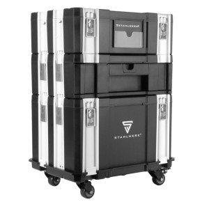 STAHLWERK Mobiles Toolbox Set mit 3 Werkzeugkoffern, Rollbrett und Lenkrollen.