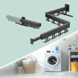 Schwarzer, klappbarer Relaxdays Wandwäscheständer aus Aluminium. Ideal zur platzsparenden Wäschetrocknung.