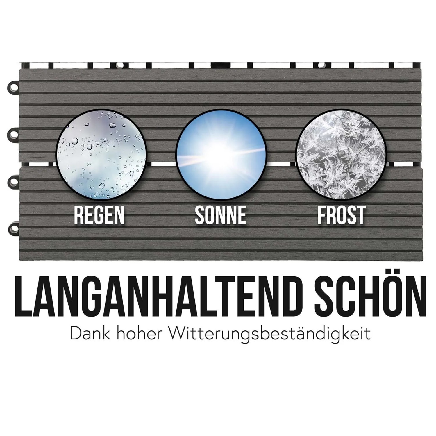 Graue WPC Bodenfliese in Holzoptik, wetterbeständig für Balkon und Terrasse.