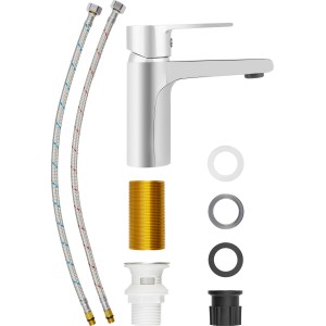 Waschtischarmatur Bisenzio in Chrom-Optik mit Zubehör für die Installation.