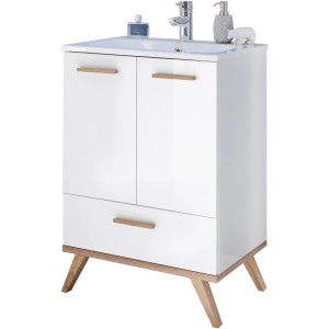 Pelipal Waschtischunterschrank Quickset 923, 60,5 cm, Weiß Glanz mit Holzgriffen und Füßen.
