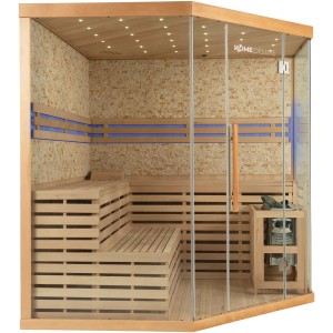 SKYLINE BIG Sauna mit Kunststeinwand, Tannenholz natur, Glasfront und Bänken.