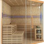 SKYLINE BIG Sauna mit Kunststeinwand, Tannenholz natur, Glasfront und Bänken.