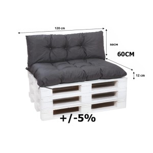 Anthrazitfarbenes Palettenkissen-Set mit Sitz- und Rückenkissen auf weißer Palette.