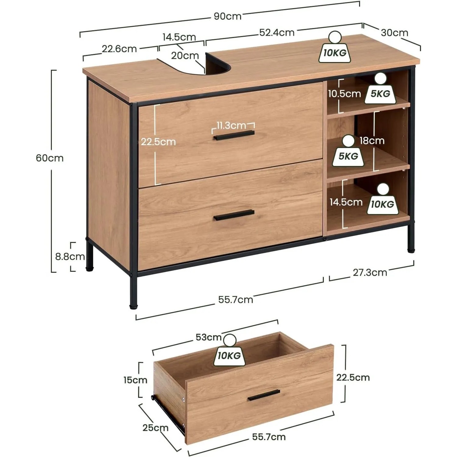 EUGAD Waschbeckenunterschrank in heller Eiche/Schwarz mit 2 Schubladen, 3 offenen Fächern und Siphonausschnitt. 90x60x30cm.