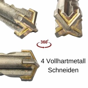 Klasebo SDS Plus Hammerbohrer: Nahaufnahme der 4 Vollhartmetall Schneiden für Beton & Metall.