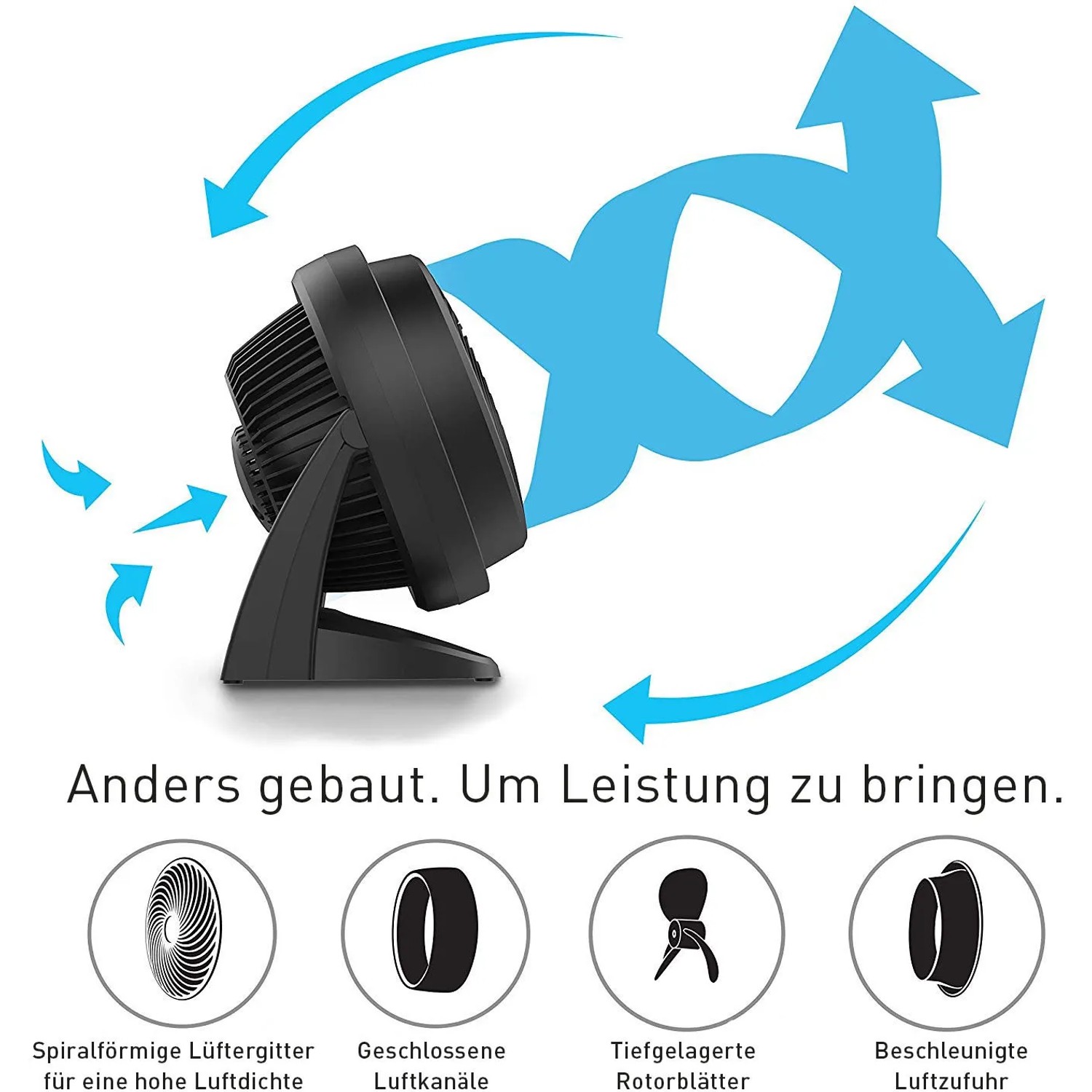 Schwarzer Vornado 630 Tischventilator mit Luftstrom-Illustration für optimale Zirkulation.