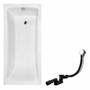 Weiße rechteckige Acryl-Badewanne 160x70 cm mit verchromtem Ablauf und Siphon. Modernes Badewannen-Set.