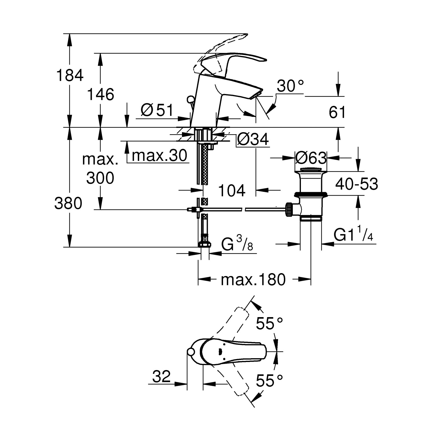 Grohe Einhand-Waschtischbatterie Eurosmart S-Size Einlochmontage 