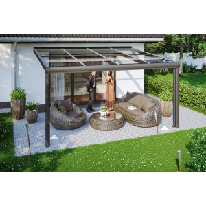 Skan Holz Terrassenüberdachung Modena, 434x257 cm, Aluminium Anthrazit mit VSG Glasdach.