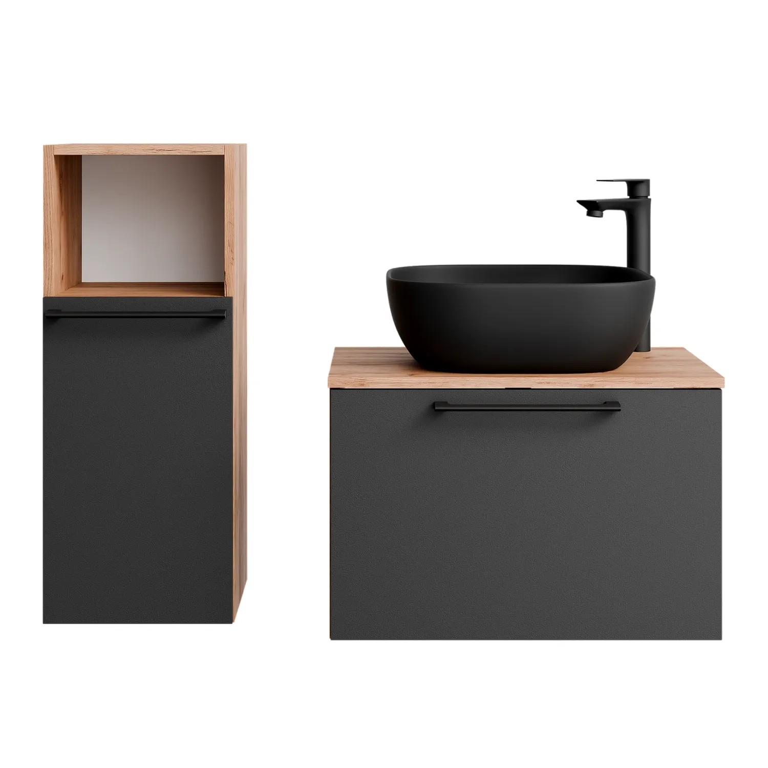 Planetmöbel ASTRA Badmöbel Set 60 cm mit Aufsatzwaschbecken 42,5 cm Schwarz Midischrank Soft Close