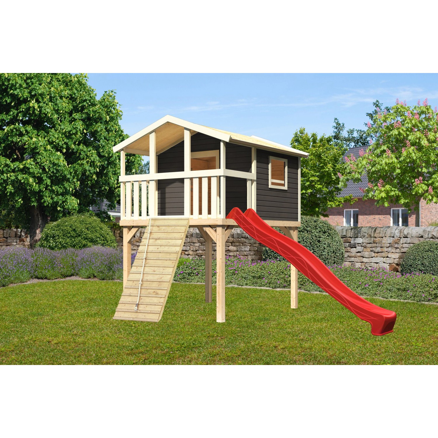 Karibu Stelzenhaus Benjamin Set Terragrau Holzrampe Rutsche 3 m Rot günstig online kaufen