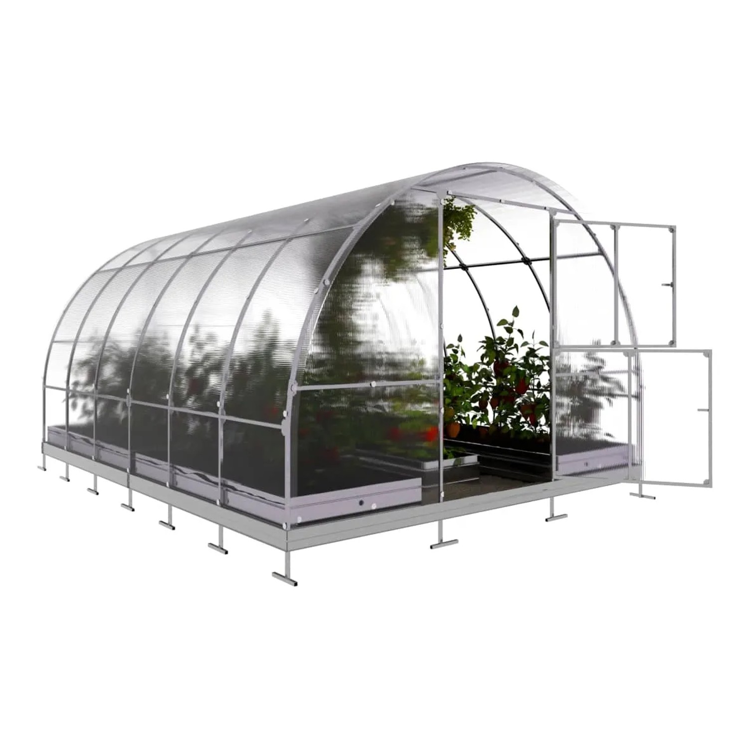 Klasika Gewächshaus 12m² mit Polycarbonat, Rohrrahmen, offene Türen. Ideal für den Gartenbau.