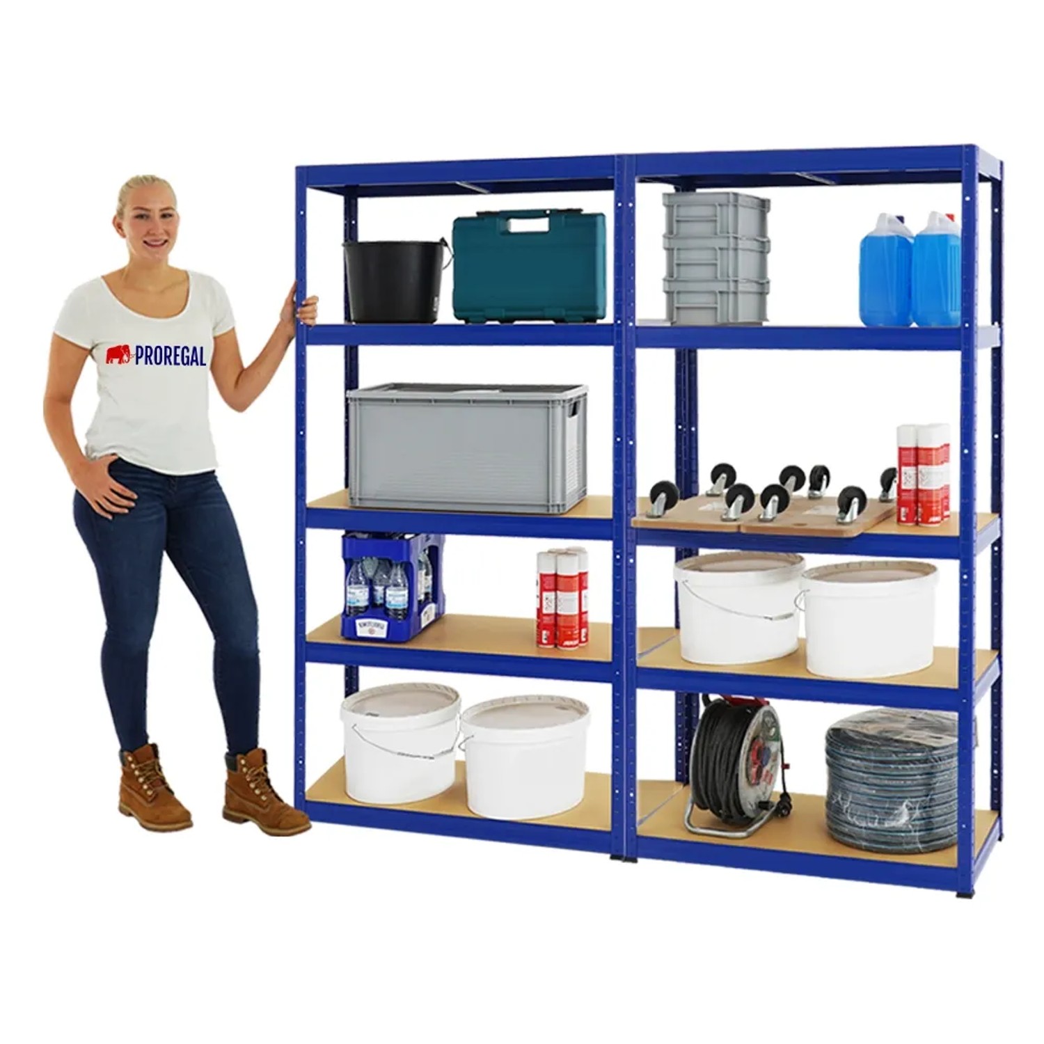 PROREGAL Mega Deal: 2 blaue Schwerlastregale Slim Elephant, 180x90x45 cm, mit 5 Ebenen und diversen Gegenständen.