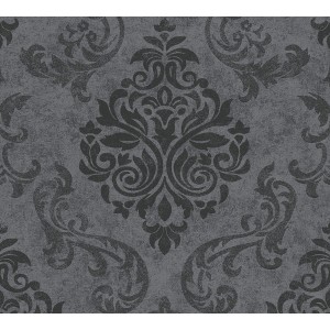 Anthrazitfarbene Barock Tapete mit floralem Ornament als Wandpaneel.
