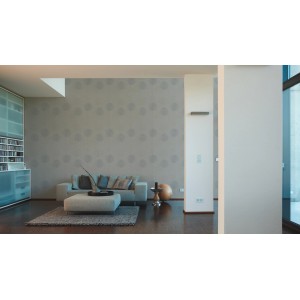 Wohnraum mit grauer Vliestapete Spot 2 Muster mit Kreisen.