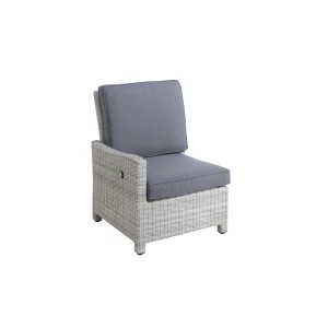 Royal Garden Bellver Eckelement des 7-tlg. Gartenmöbel-Sets aus grauem Polyrattan mit grauen Auflagen.