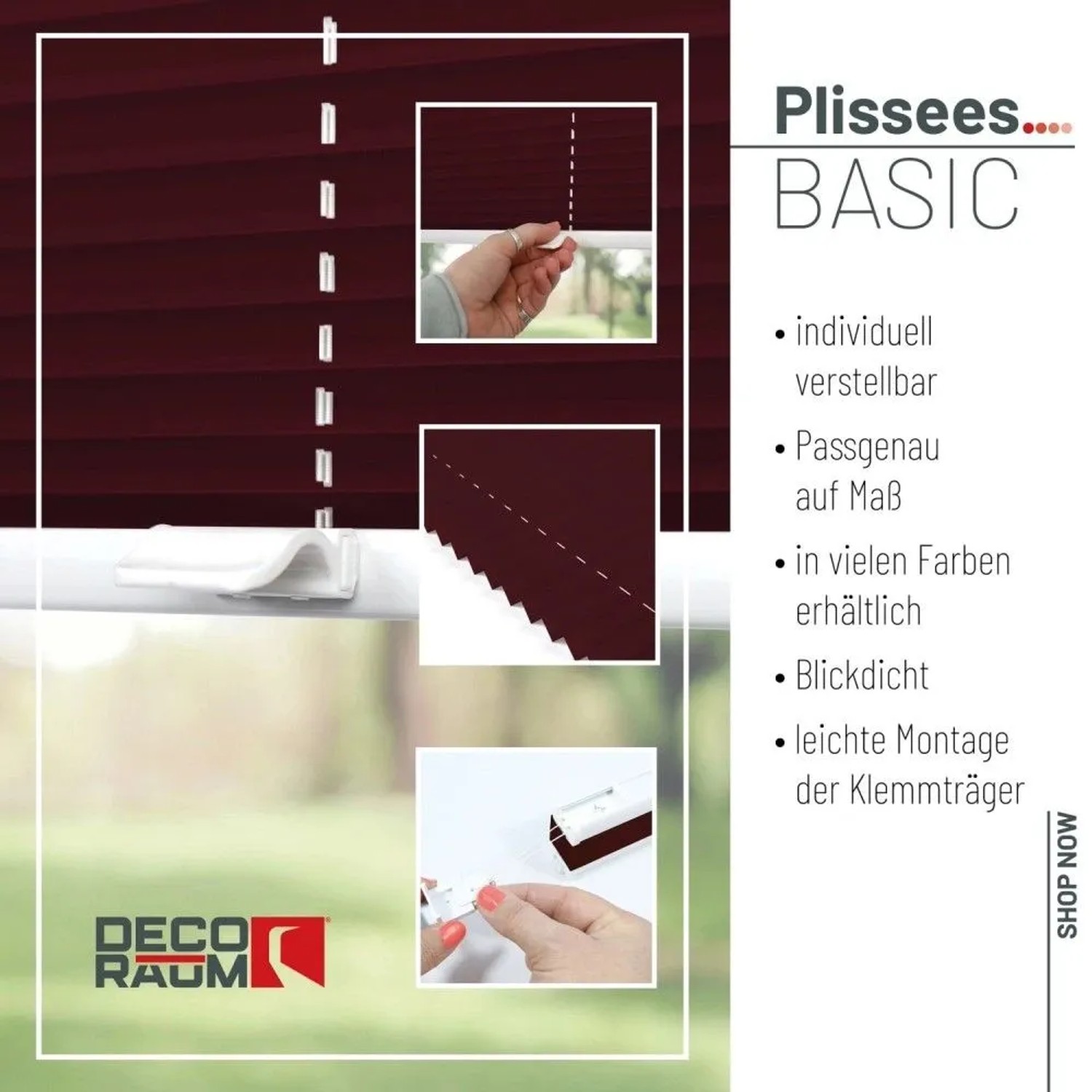 Weinrotes Deco-Raum Plissee Basic 85x210cm Klemmfix, blickdicht. Zeigt Stoff, Verstellung und Klemmträger.