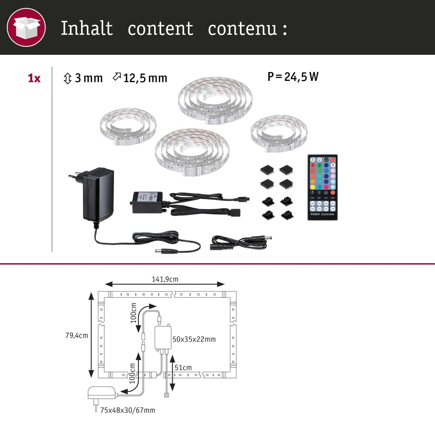 Paulmann MaxLED TV Set 65 Zoll: LED Streifen, Netzteil, Fernbedienung und Zubehör.
