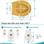 Curry-gelber WC-Sitz mit Maßen und Kompatibilität für ovale Toiletten. Absenkautomatik, Duroplast.