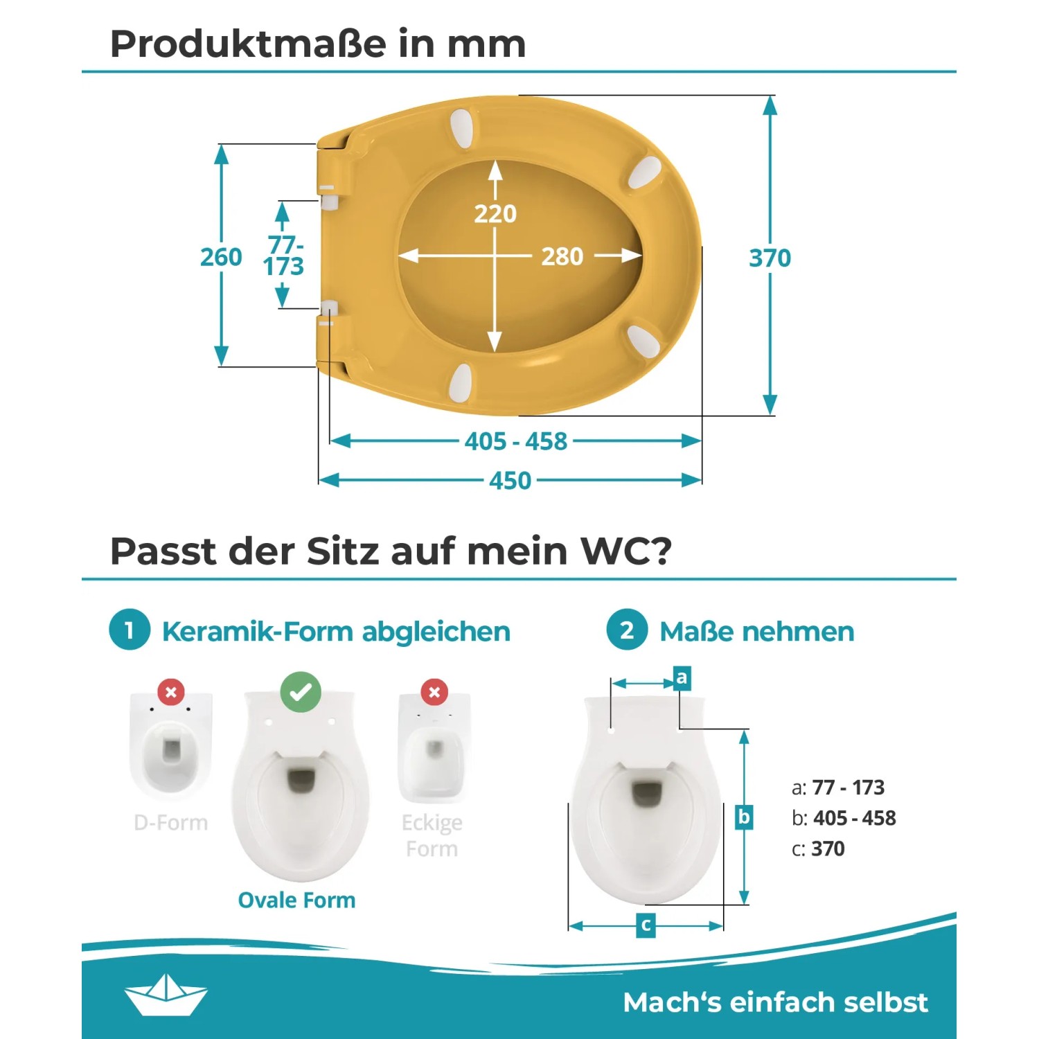 Curry-gelber WC-Sitz mit Maßen und Kompatibilität für ovale Toiletten. Absenkautomatik, Duroplast.
