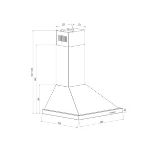 Technische Zeichnung einer schwarzen PKM Dunstabzugshaube 6090BV mit Maßen.