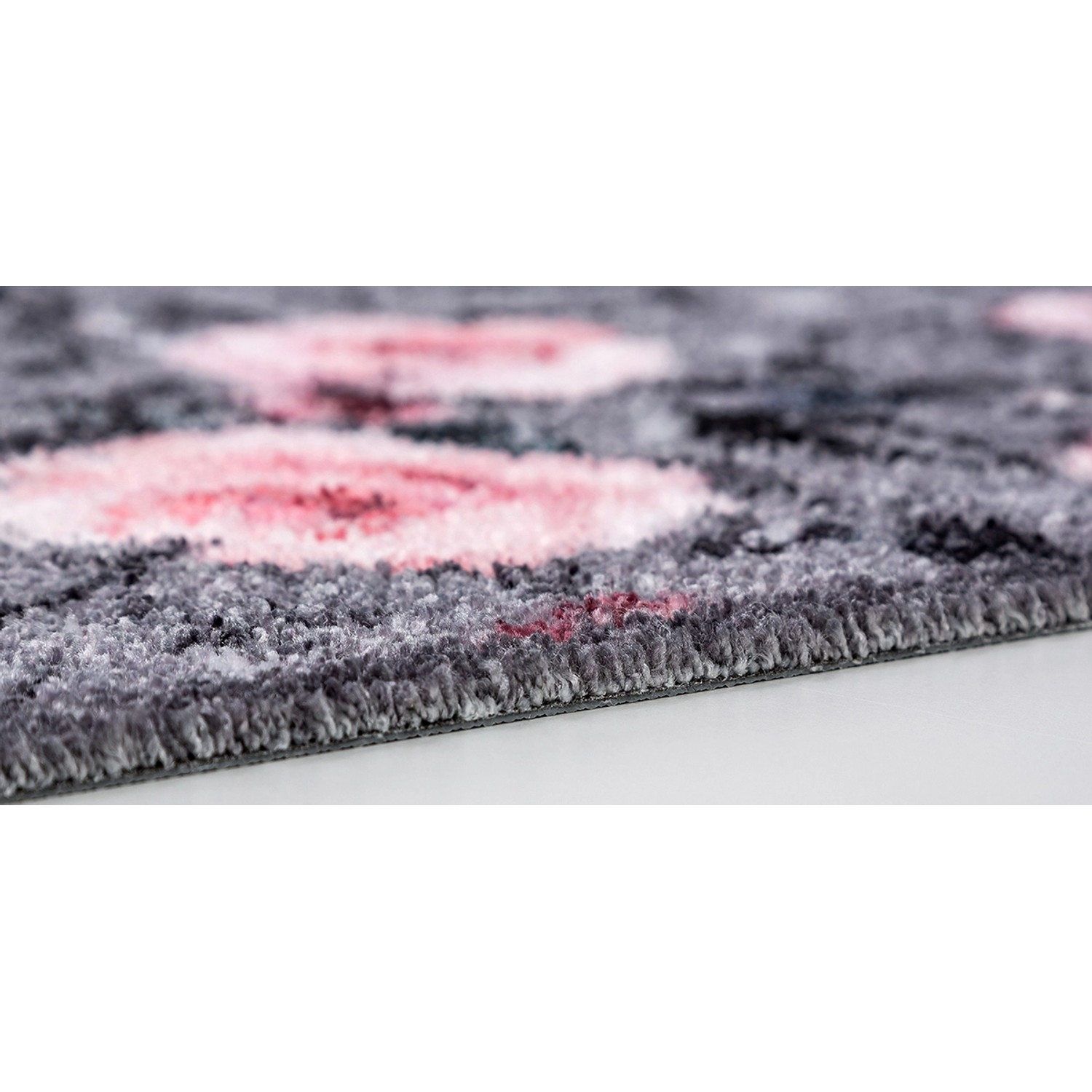 Astra Sauberlaufmatte Pure und Soft, 50x70 cm, Blumenmuster in Grau-Rosa, Detailansicht der Kante.