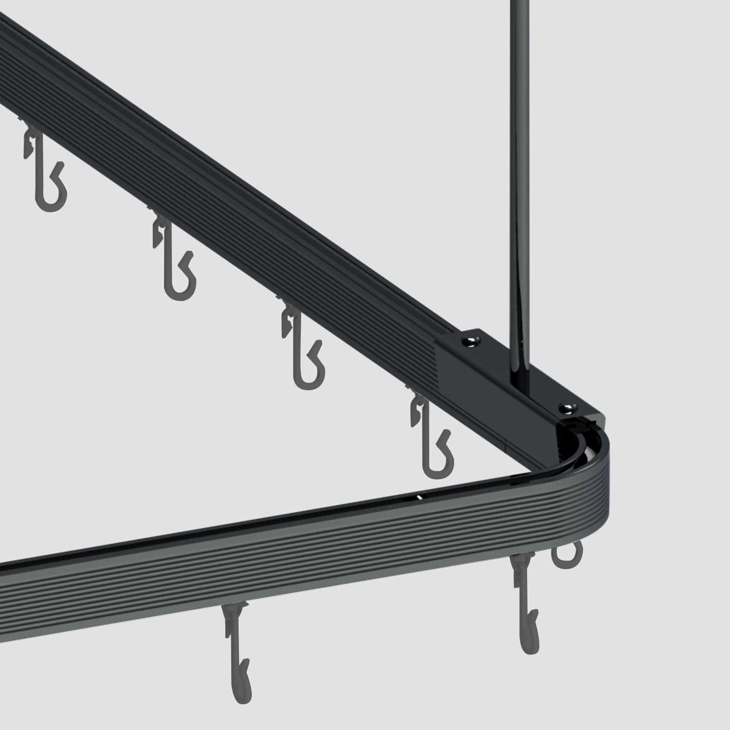 Flexible, schwarze Euroshowers Duschvorhangstange (300 cm) mit Haken und Deckenhalterung.