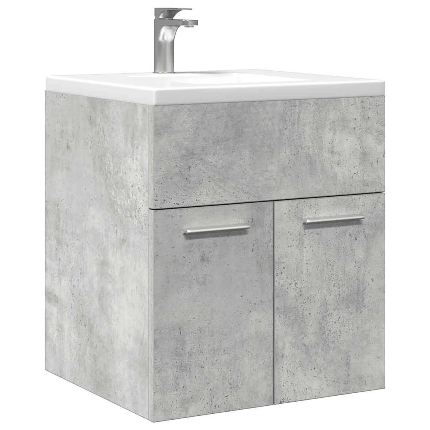 Waschbeckenschrank in Betongrau mit zwei Türen und Waschbecken.
