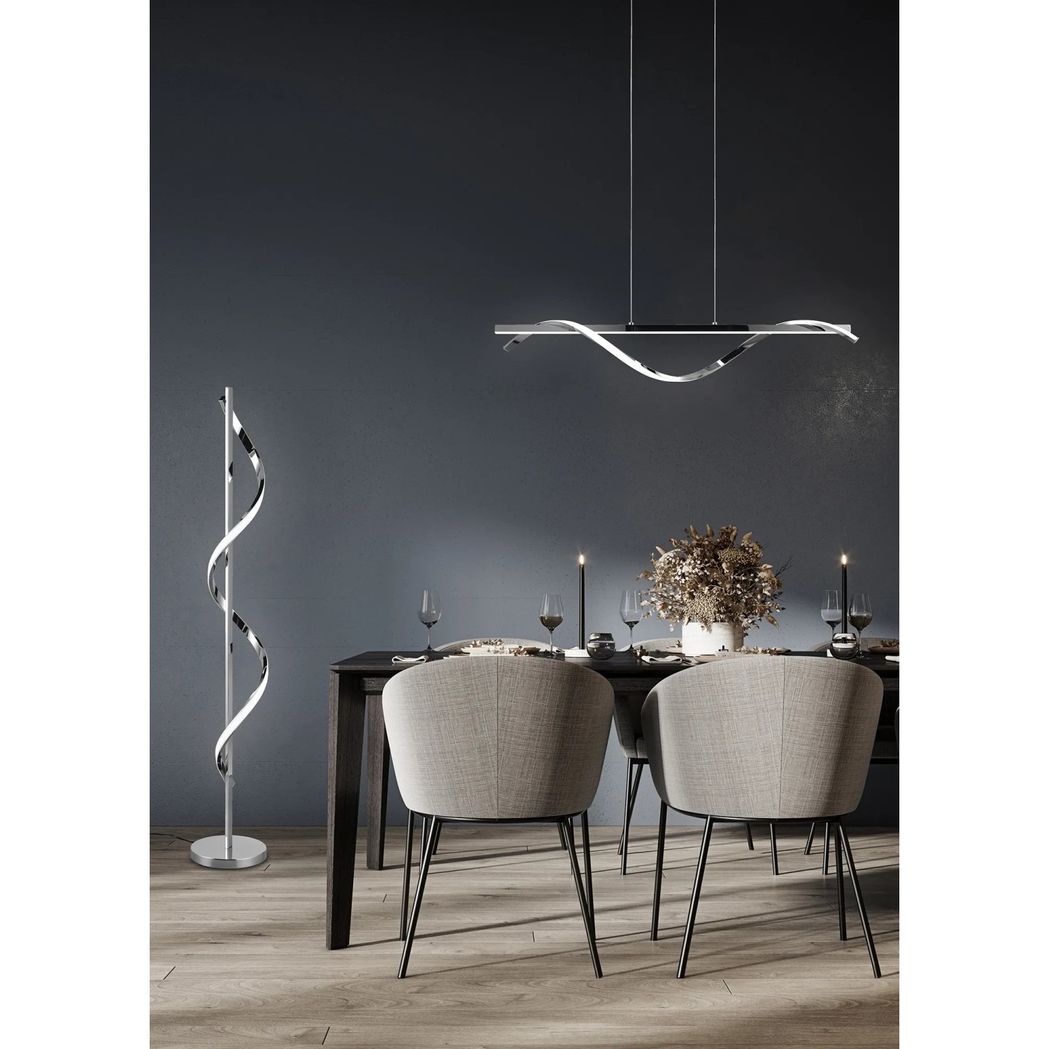Moderne LED Stehleuchte Isabel in Chrom, geschwungenes Design, passend zur LED Hängeleuchte über dem Esstisch.