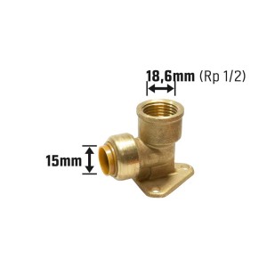 Steck-Winkel mit Wandscheibe, 15 mm x 18,6 mm, aus Messing für Gewindefittings.
