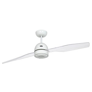 Weißer CASAFAN Deckenventilator Libelle 132 cm mit transparenten Acrylglas-Flügeln.